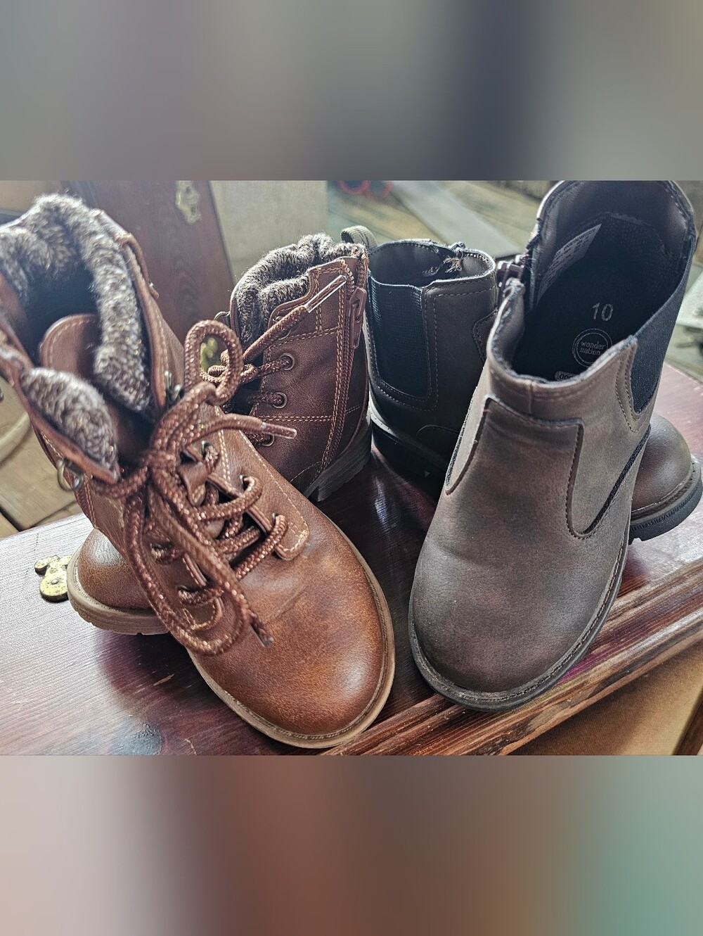 2 Pairs Of Sz. 10 Kids Brown Leather Ankle Boots - Classic Casual Style..